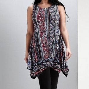 Sleeveless Top Shirt Dress, Assymetrical Hem, Multi Color 3X.